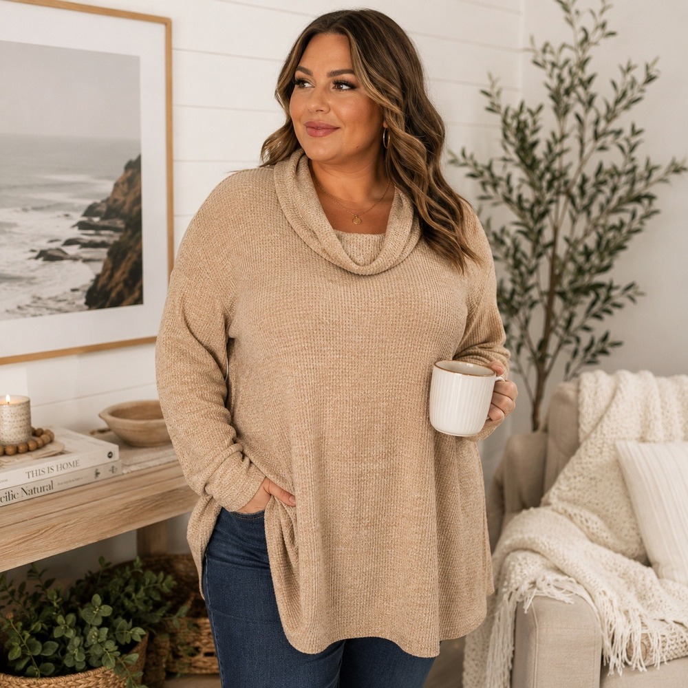J Jill Waffle Knit Cowl Neck Tunic‎ Top Plus Size 2X Beige Stretch Casual Soft